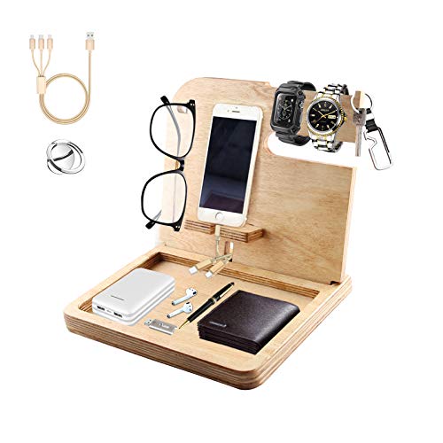 Bumlon Wood Phone Docking Station and Organizer for Men,Birthday Gift for Dad, for Men, Key Holder, Wallet Watch Stand with Charging Cable,Phone Ring Holder