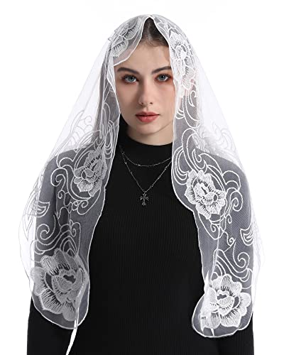 Bozidol Catholic Mantilla Mass Veil Cross Embroidery Chapel Lace Veil Spanish Church Scarf for Religious Prayer (Black-Gold) - Thumbnail 2