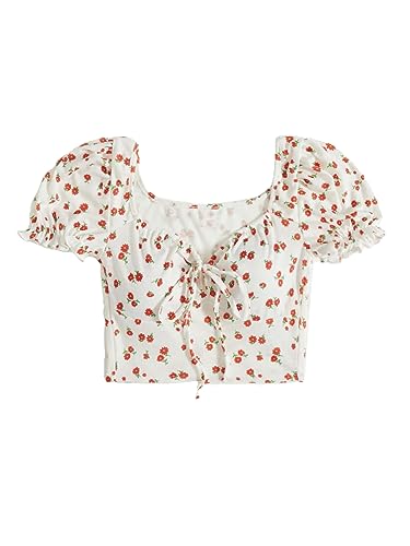 Aahwan Printed Women’s & Girls’ Puff Sleeve Tie Front Ditsy Floral Top