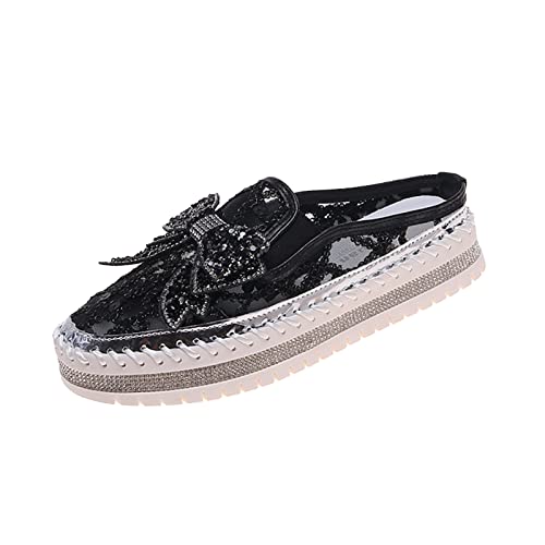 Image of Women's Platform Rhinestones Glitter Sneakers,Fashion Cute Bow Comfy Breathe Canvas Hand-Stitching Slip On Casual Walking Flat Loafers