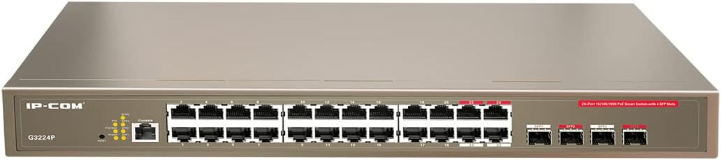 Přední view of IP-COM G3224P 24-Port Managed PoE Switch showing 24 RJ45 ports, 4 SFP ports, console port, and LED indicators.