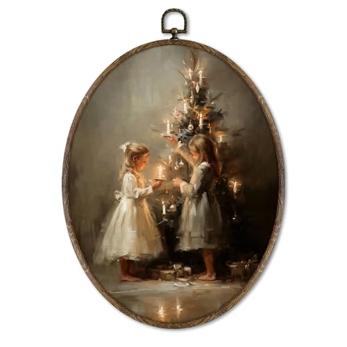 XNXLDYLH Vintage Christmas Tree Candle Oval Framed Wall Art Decor, Rustic Dark Cottagecore Christmas Tree Hanging Wall Decor, Farmhouse Cozy Winter Scene Canvas Prints Art Paintings, 8.5x11.5 Inch