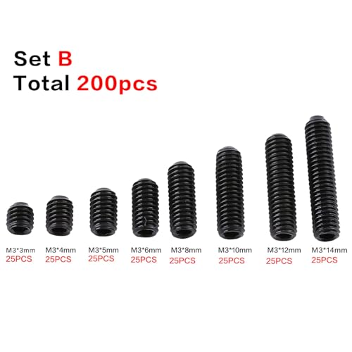 200pcs M3 Hex Allen Head Socket Set Vis Kit d'assortiment Black Carbon Steel Sockette Cup Point Grub Set Sockets Set Vis Assortiment