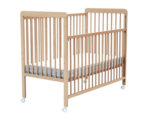 Webaby - Lit bébé Coulissant en Bois 60x120 LIVO Hêtre Verni| Sommier réglable 3 hauteurs |4 Roues multidirectionnelles avec Frein