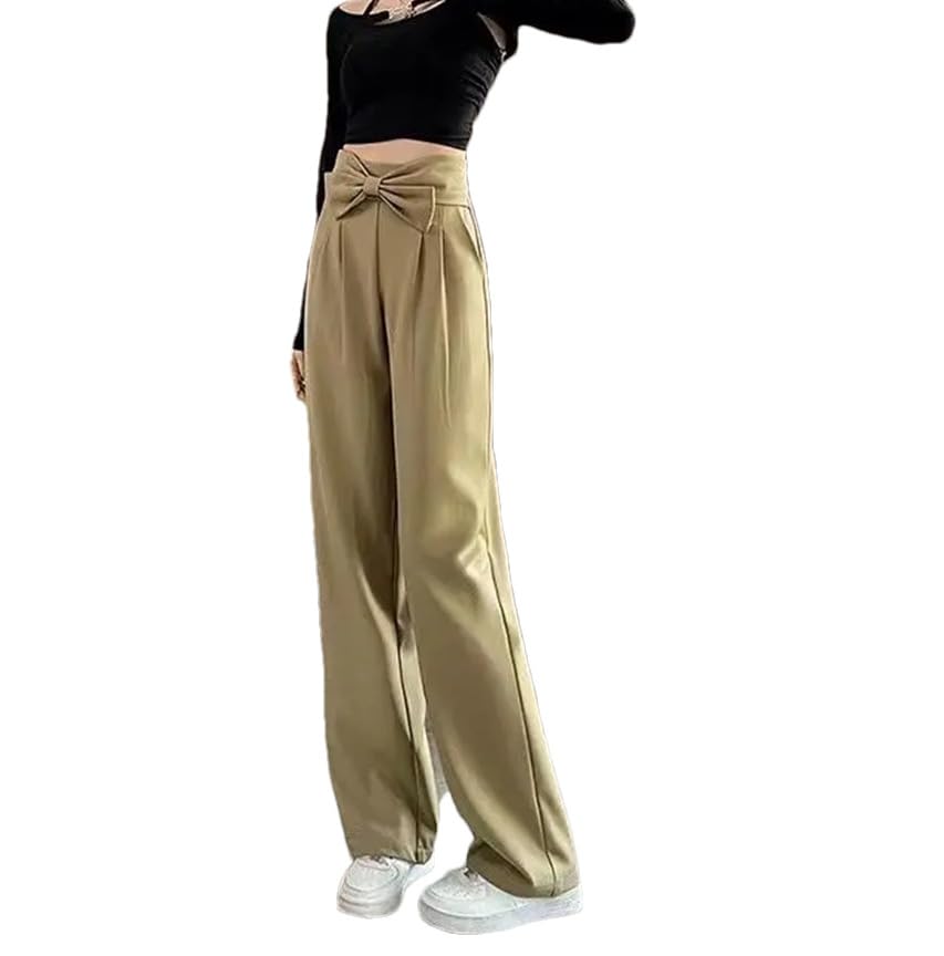 Women Solid Color Spring Autumn Elastic Waist Bow Loose Casual Wide Leg Pants Fashion Straight Trousers Female