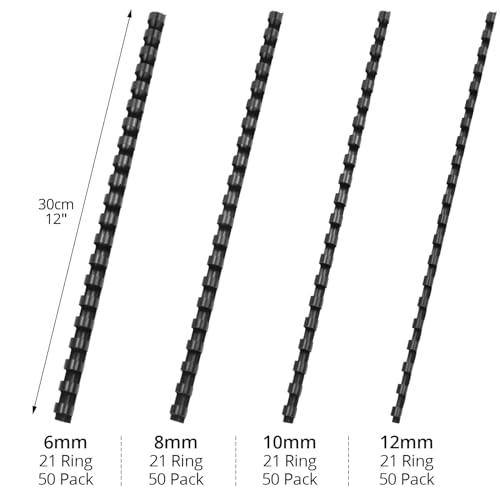 QWORK® 200er Pack A4 Bindekämme aus Kunststoff - Multi-Size 6/8/10/12mm, 21 Ring, Ideal für 20-80 Blatt