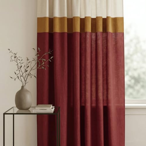 Image of Peepul Tree Cotton 7ft Door Curtain in Maroon & Off White | Woven Colour Block Design | 70% Semi Blackout | Top to Bottom Reversible Curtain