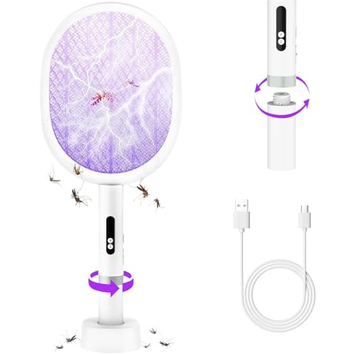 Raqueta Eléctrica Matamoscas 4000V USB Recargable 1800mAh con Base - Mata Mosquitos 2 Modos, Malla Triple Protección, Interior/Exterior, Negro | Ideal para Hogar, Camping, Trampa para Moscas