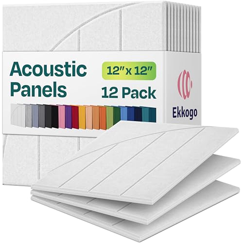 Ekkogo Acoustic Panels 12-Pack Soundproof Wall Panels 12"x12"x0.4" Decorative Sound Dampening for Your Home, Office, Studio, Bedroom & More with Unique ModuArc Carving [White]