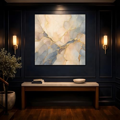 Toile abstraite marbre or au-dessus de la console pour une entrée chic