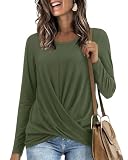 Anymiss Womens Blouses Long Sleeve Tops Twist Front Tunic 2024 Crewneck Trendy Outfits Olive Green XL