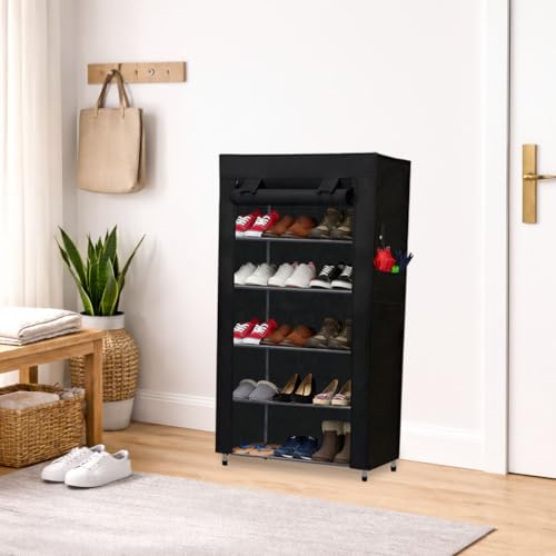 Image of Metal Shoe Stand with Cover, 6 Tier Shoe Organizer for Home & Office - Black