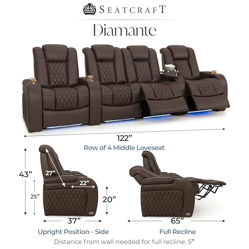 Image of Seatcraft Diamante Brown Italian Leather Home Theater Seating, Zero Gravity Power Recliner Gaming and Home Office Chair, Powered Headrest Lounge Sofa Furniture Cinema Room, Row of 4 Middle Loveseats