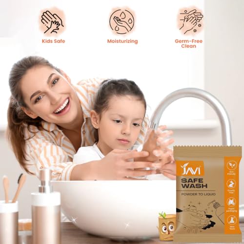 Image of JAVI Safe Wash | Powder to Liquid Handwash | Non-Toxic, Child Safe, Eco-Friendly, Plant-Based | Germ-Free Clean, Plastic-Free, Natural Scent Handwash | 2 Sachet = 1 Ltr
