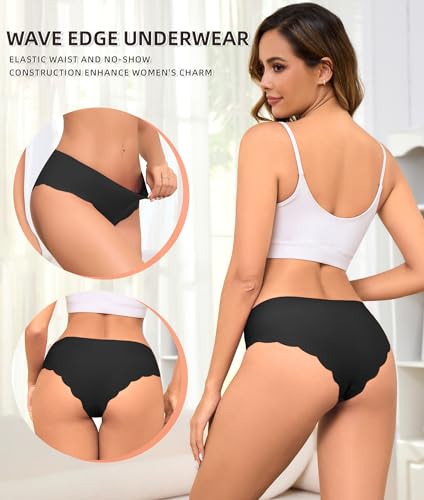 Image of Sexy Seamless Underwear Wave Edge No Show Bikini Panties V-waist Ice Silk Hipster Lady Cheeky Invisibles Briefs 6 Pack