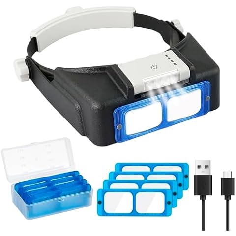 Beileshi Rechargeable Head-Mounted Magnifier with LED Light, Headband Double Lens Illuminated Reading Magnifier Loupe Jewelry Visor Opitcal Glass Binocular Magnifier with Lens -1.5X 2X 2.5X 3.5X Cover
