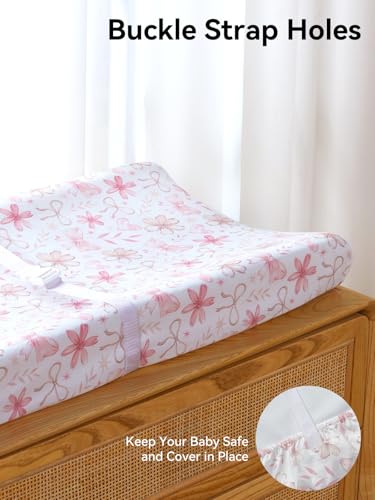 Image of Changing Pad Cover Set in Soft Jersey Material - Fits 32 inch /34''x16 Contoured Pad for Babies, Pink Flower&Butterfly