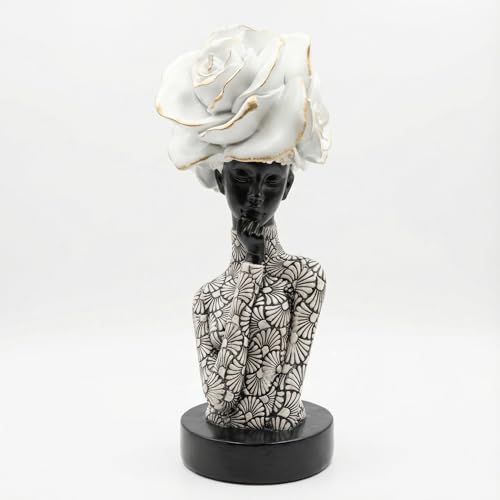 Lescafita African Woman Sculpture with White Rose Headdress, Black and White Resin Statues, Modern Abstract African Art Statue for Home Decor Shelf Table Office Display