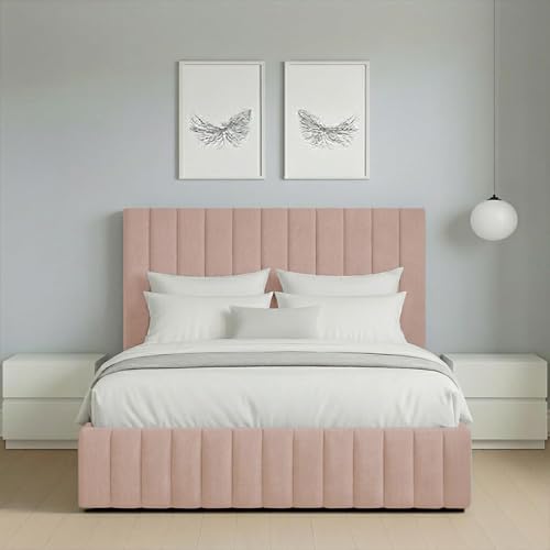 3FT Pink Plush Upholstered Single Bed Frame | Stylish 48" Vertical Line Headboard & Footboard | without Storage | Modern Platform Bed for Bedroom