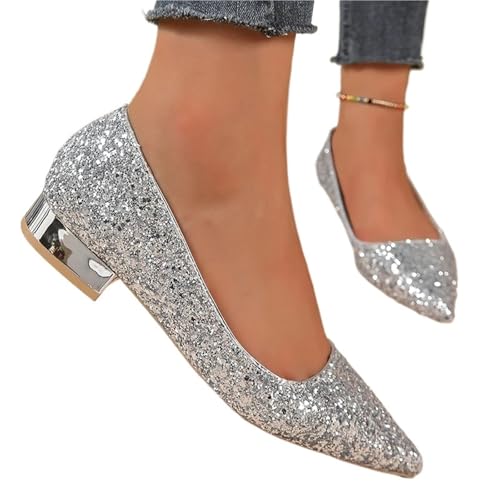 LVCHAO Zapatos De Tacón Bajo Plateados For Mujer, con Lentejuelas Brillantes Y Punta Puntiaguda, Sencillos Y De Tacón Grueso. para Bodas, Fiestas, Bailes(41) LVCHAO Zapatos De Tacón Bajo Plateados For Mujer, con Lentejuelas Brillantes Y Punta Puntiaguda, Sencillos Y De Tacón Grueso. para Bodas, Fiestas, Bailes(41)