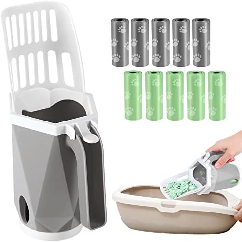 Ksqen Cat Litter Scoop, Portable Kitty Litter Scoop, Removable Litter Scooper with Holder, Cat Litter Sifter Pooper Scooper System with Bags (Grey)