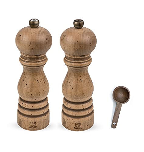 Peugeot Paris Classic Collection Antique Salt & Pepper Mill Natural - With Wooden Spice Scoop (7 Inches)