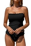 Beachsissi Bandeau Swimsuits for Women Strapless Swimwear Bathing Suits Tummy Control Smocked Bandeau Cute Tankini Set, Black, S