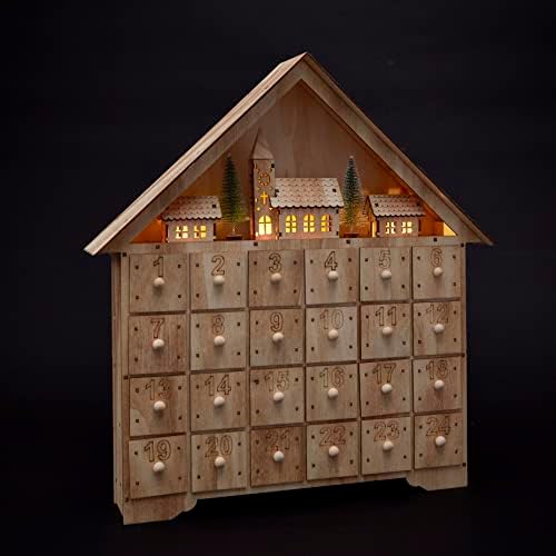 Celebright Pre-Lit Wooden Village Scene Advent Calendar with LED Atmosphere Lights - 24 Storage Drawers to Fill with Gifts or Treats - Battery Operated & Freestanding