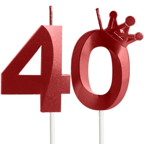 Bougies rouges pour 40e anniversaire avec couronne, bougie en forme de chiffre 40, bougie d'anniversaire pour décorations de gâteaux, bougies d'anniversaire pour filles, garçons, hommes, femmes