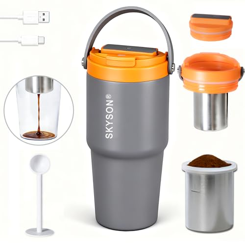 Portable Coffee Maker Mug for Travel,Mini Espresso Coffee Machine,20 oz Thermos Cup with Lid Fast Extraction Electric Filter Brewer,Insulated Stainless Steel Tumbler (Grey)