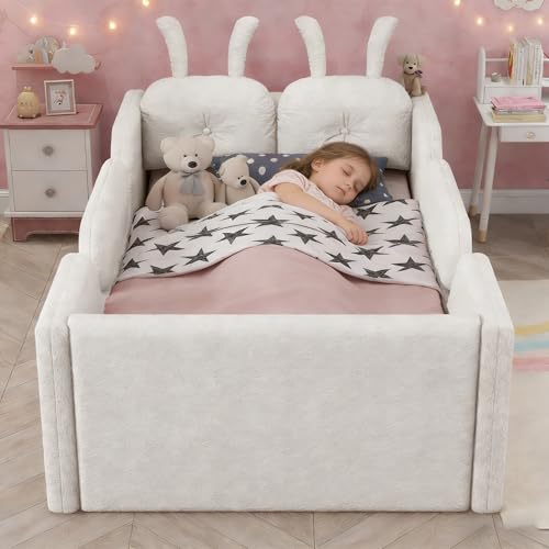 Image of Twin Size Kids Floor Bed Frame, Upholstered Montessori Platform Bed W /Removable Rails Cute Daybed Frame for Girls Boys, No Box Spring Required,Beige