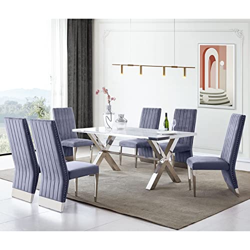 Azhome Dining Chairs, Grey Velvet Dining Room Chairs With Nailhead Trim, Silver Stainless Steel Legs, Set Of 2 #TOP3