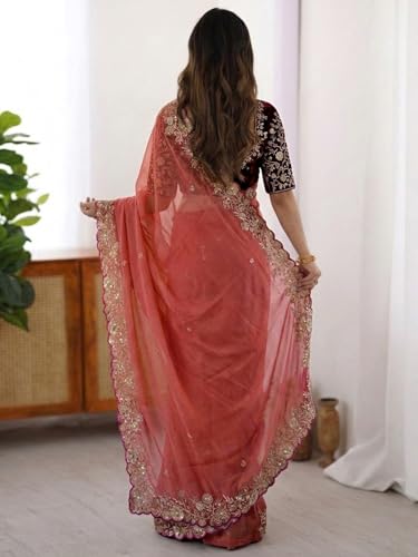 Image of SIRIL Women's Shimmer Georgette Scalloped Border Sequins Embroidery Saree with Unstitched Blouse Piece