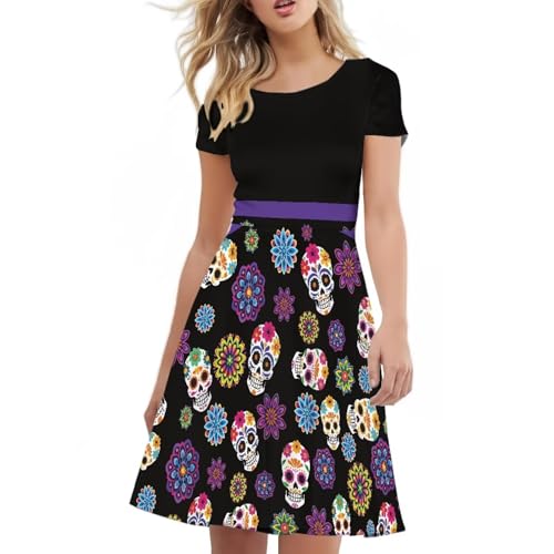 Image of HUGS IDEA Womens Puffy Swing Midi Dress Round Neck Short Sleeve Party A-Line Dresses