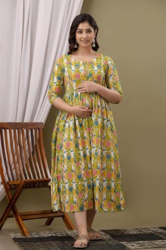 Image of Amazon Brand - Tavasya Women Botanical Floral Printed Maternity Midi Dress | Round Neck | 3 /4 Ruffle Sleeves | Concealed Feeding Zip | Gathered Tiered Nursing Dress