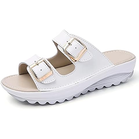 Women Wedge Sandals Two Band Platform Slides Girls/Ladies Wavy Sole Flip Flop, 7 UK Women, White Cover