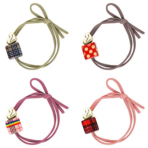 Oruuum 4 Pcs Fashion Beaded Hair Rings Hair Rope Korean Simple Lattice Square Head Rope High Elastic Braided Rubber Band