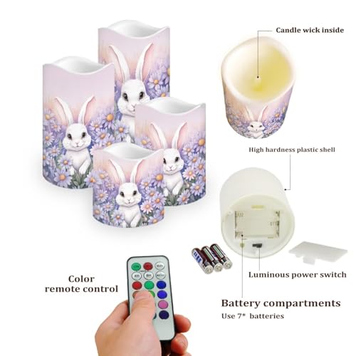 Image of Easter Bunny Daisy Plastic Flameless Candles with Remote Control and Timer LED Flickering Battery Operated Color Changing Electric Pillar Candles Easter Decoration