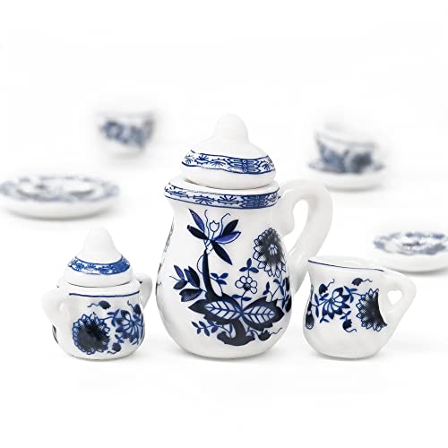 Odoria 1/12 Miniature Porcelain Tea Set 15Pcs Dollhouse Decoration Accessories, Blue Lotus #TOP2