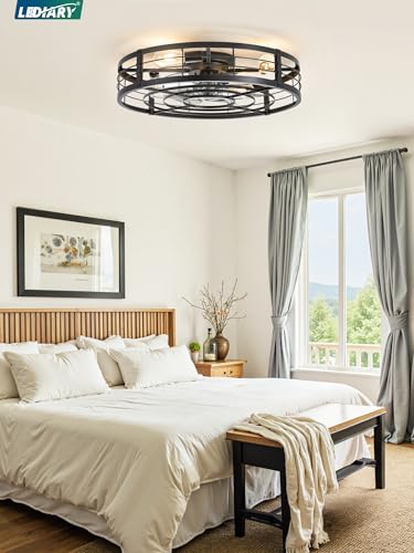 Image of LEDIARY 26 inch Caged Ceiling Fan with Light and Remote, Low Profile Flush Mount Fandelier, Black Bladeless Enclosed Small Fan Lights Ceiling Fixtures, Rustic Farmhouse Style for Bedroom, Outdoor