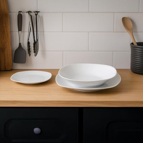 Miniatura 9 de Casaselección 12 Platos Llanos De Porcelana Blanca - Juego De 12, Diseño Cuadrado, 25 Cm, Aptos Para Lavavajillas Y Microondas, Color Blanco