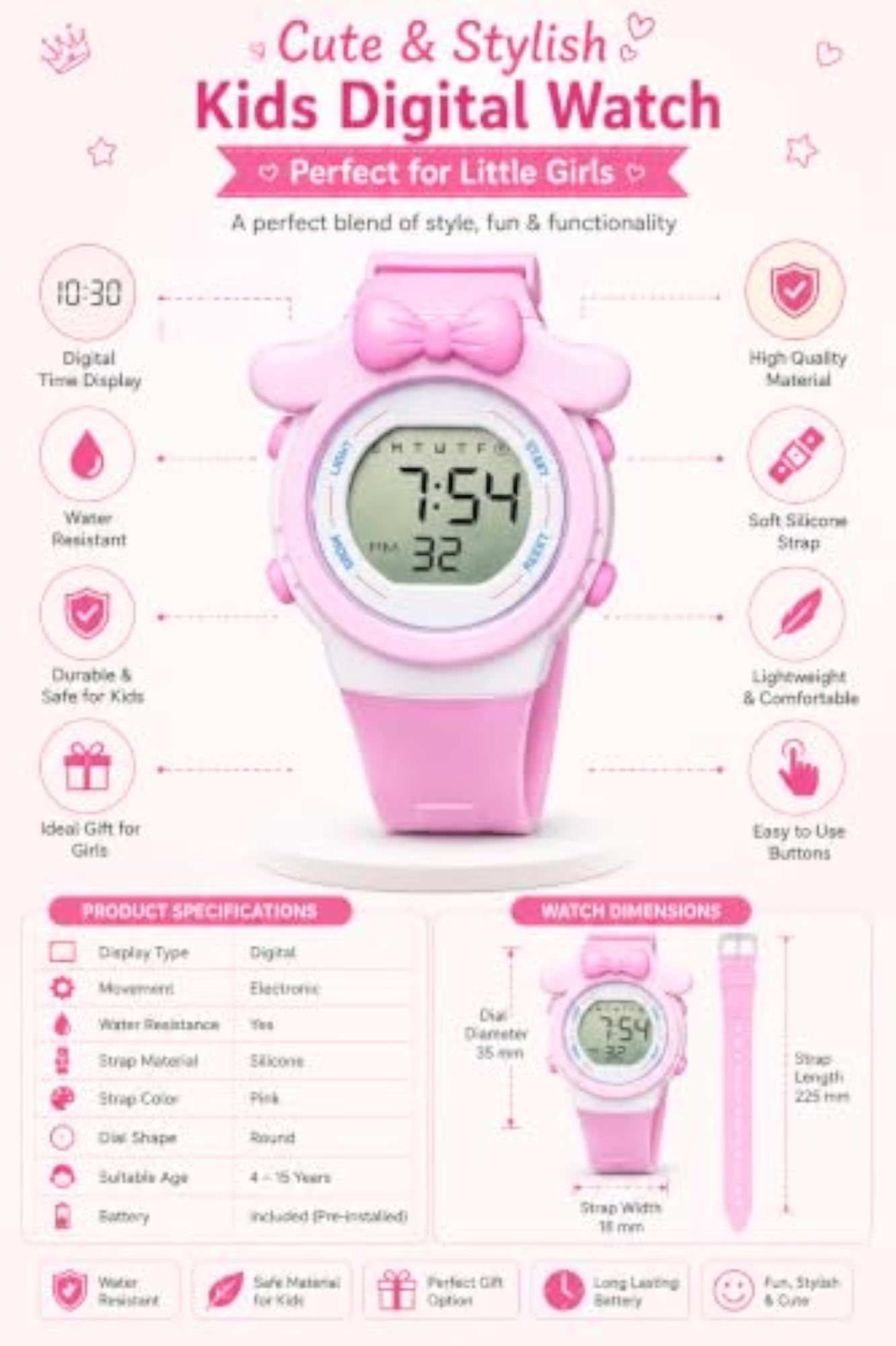 Kids Digital LED Watch, Cute Pink Bow Design