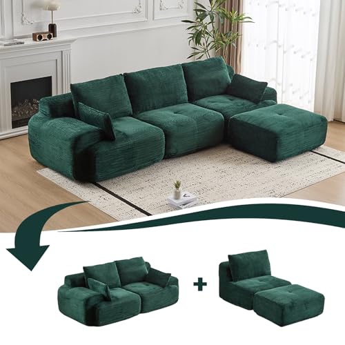 Image of L Shape Sofa Rearrangeable, Oversized Cloud Couch Sectional Modular Sofas with Detachable Ottoman, 4 Pillows and Deep Seat, Corduroy Boneless Couches Sets for Living Room, No Assembly Required, Green