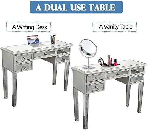 Miniatura 5 de Binrrio Mesa de consola espejada, mesa de tocador de maquillaje con espejo de cristal plateado para mujer, escritorio de escritura para el hogar,
