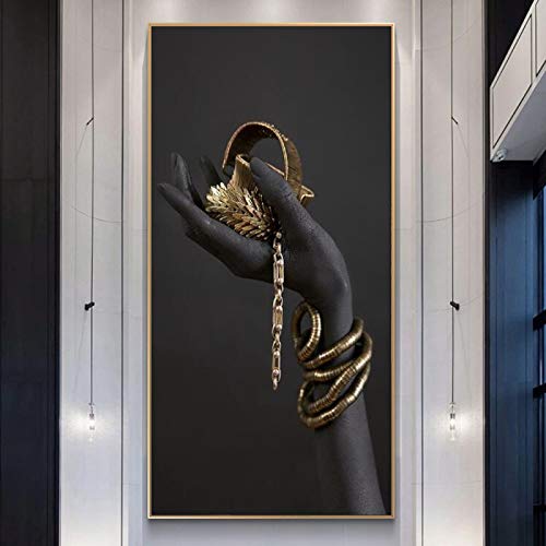 Art Africain Cadre pour Salon Moderne - Grand Tableau Toile Femme Noire Bijoux Dorés 86x175cm