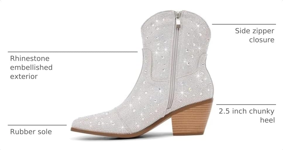 Image of Cowgirl Ankle Boots Cowboy Boots for Women Western Booties Rhinestone Chunky Heel Fashion Comfortable Side Zipper