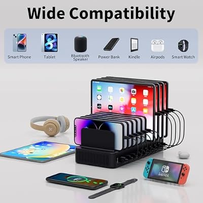 60W Charging Station for Multiple Devices, 10-Port USB Fast Charging Station with Adjustable Dividers - Device Organizer Charging Dock for iPhone, Android, iPad, Tablets & More