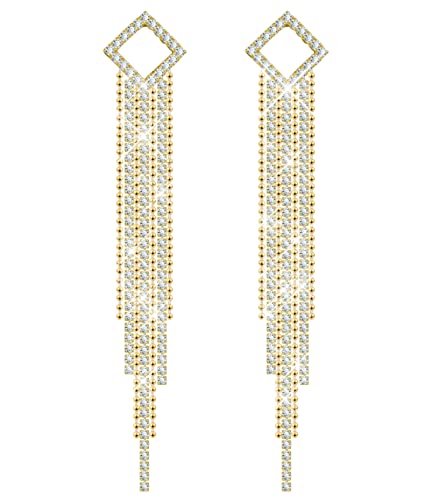 KristLand - Elegante Colgado Pendiente de Borlas de Cristales, Plata de Ley 925 Pin Mujer Cristales Rombo Pendientes Largo Colgado para Fiestas Boda Oro Tono Cover