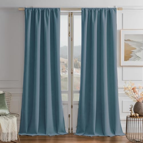 Image of Joydeco Greyish Blue Velvet Curtains 90 Inch Curtains 2 Panels Set, Thermal Insulated Room Darkening Curtains for Bedroom Living Room, Super Soft Heavy Duty Luxury Curtains Rod Pocket, 52W x 90L