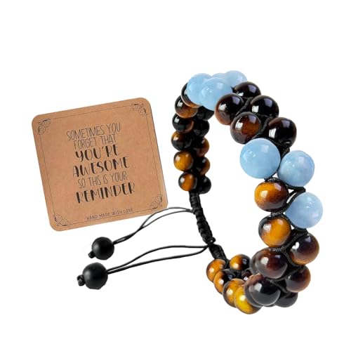 GLITZ AURA Triple-Energy Protection Handmade Bracelet - Fall Fashion Must-Have, 8mm Tiger Eye & Aquamarine Natural Stone, Anxiety Relief (Aquamarine)